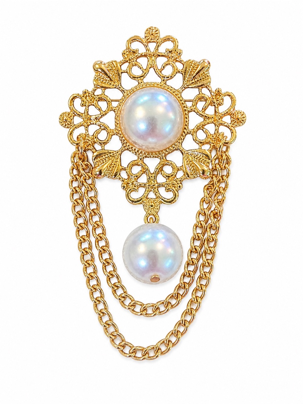 Victorian Style Gold Tone Filigree Brooch w/ Faux Pearl Dangle‎ Chain